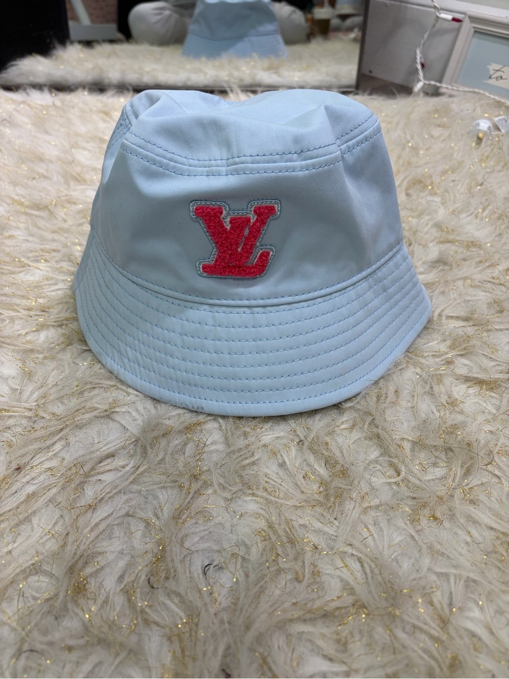 Light Blue Bucket Hat with Embossed Monogram Trim